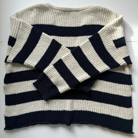 Zara Striped Chunky Knit Sweater Blue Cream V Neck Boxy Fit Nautical Preppy Sz L - Picture 16 of 16